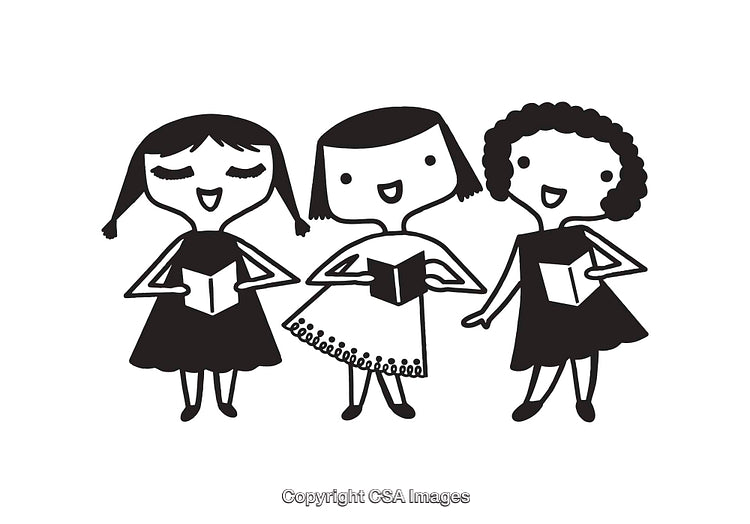 Black And White Illustration of Singing Girls Holding Songbooks Smiling