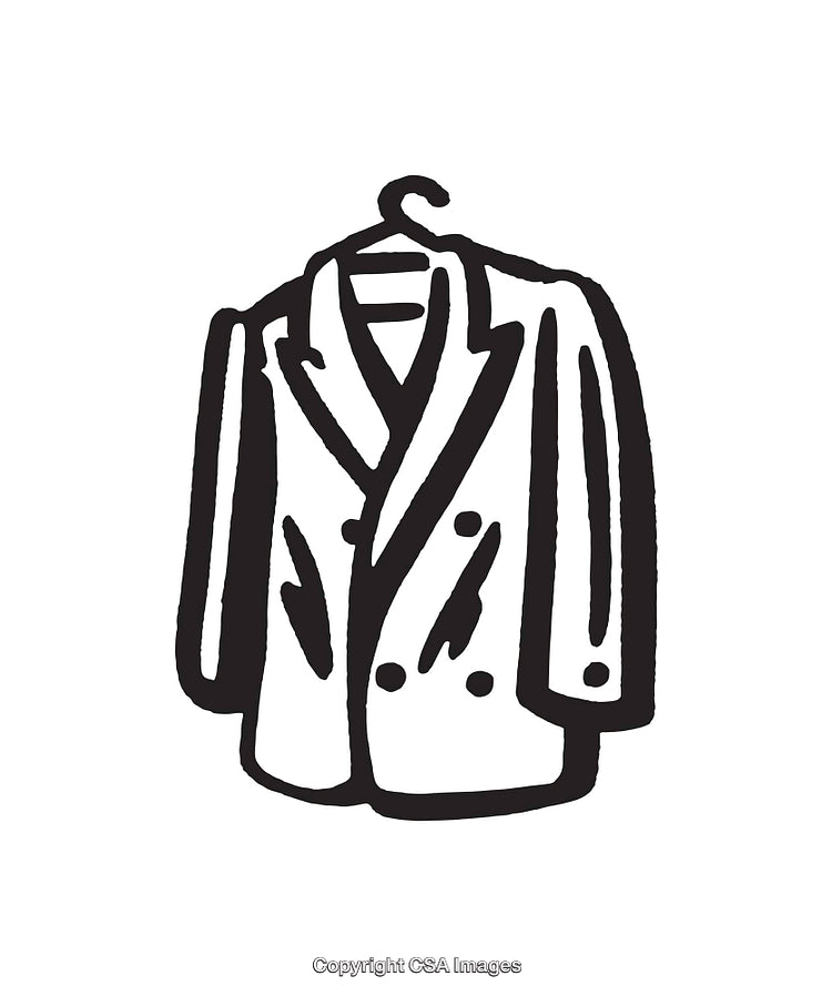 Simple Black and White Illustration of a Formal Suit Jacket on Hanger