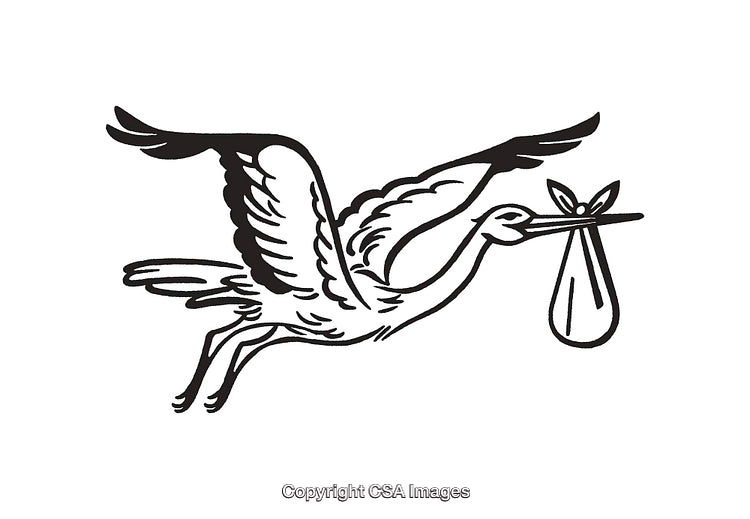 Black and White Illustration of a Stork Carrying a Bundle