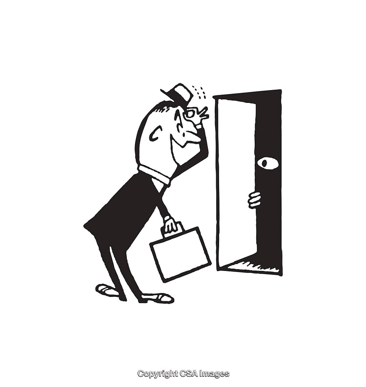 Vintage Line Art of Curious Man Peering Into Open Door