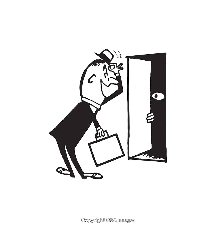 Vintage Line Art of Curious Man Peering Into Open Door