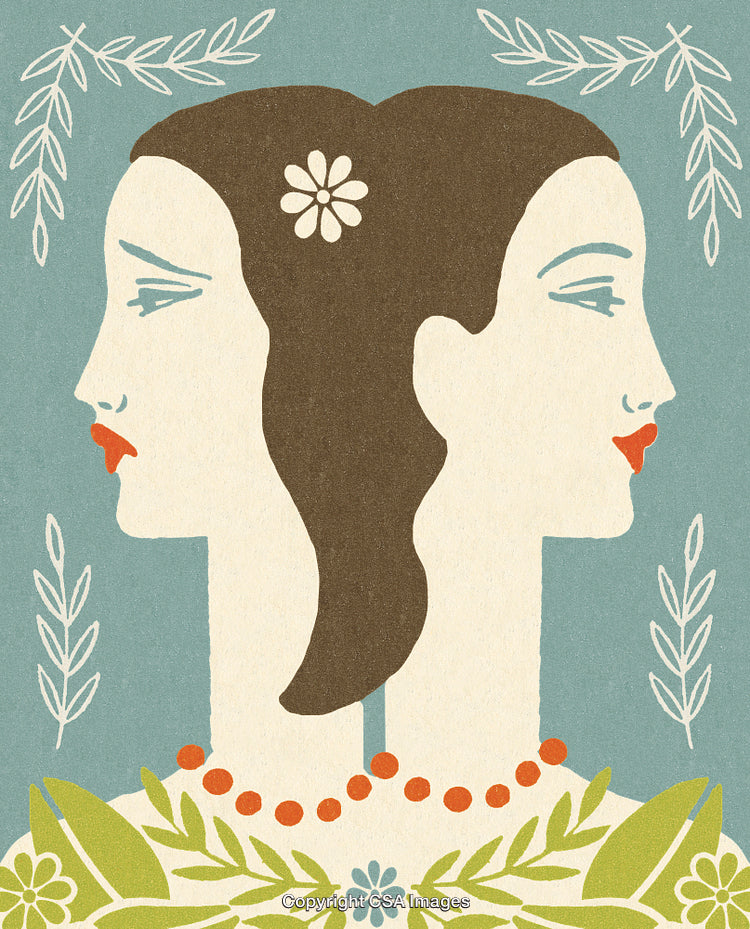 Illustration of Two-Tone Artistic Portrait of Women with Leafy Background