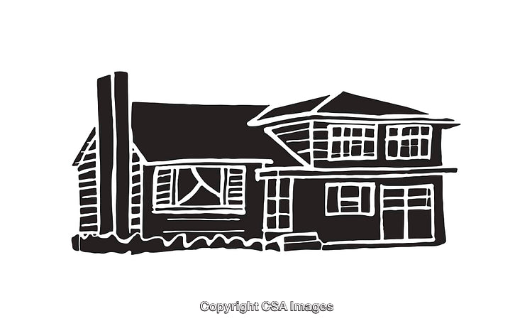 Black and White Line Art Illustration of a Two-Story Residential House