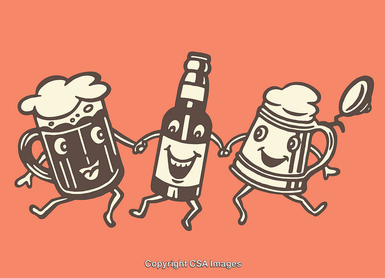 Playful Beer-Themed Illustration with Cartoon Characters and Joyful Expression
