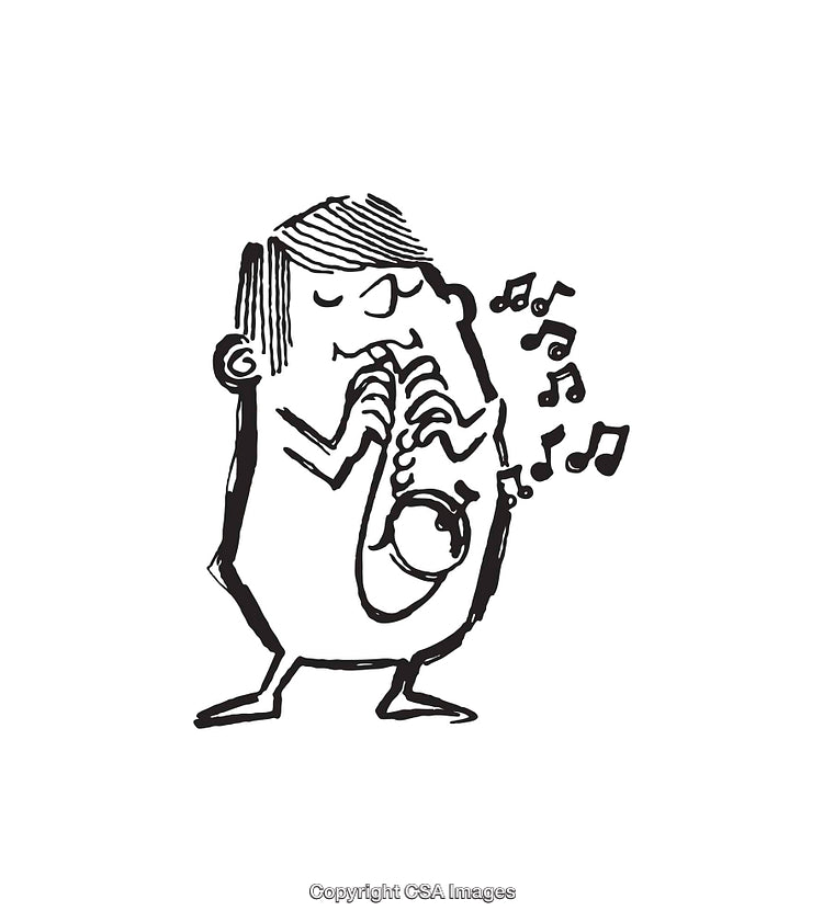 Cartoon Drawing of a Musician Playing a Saxophone with Joyful Notes