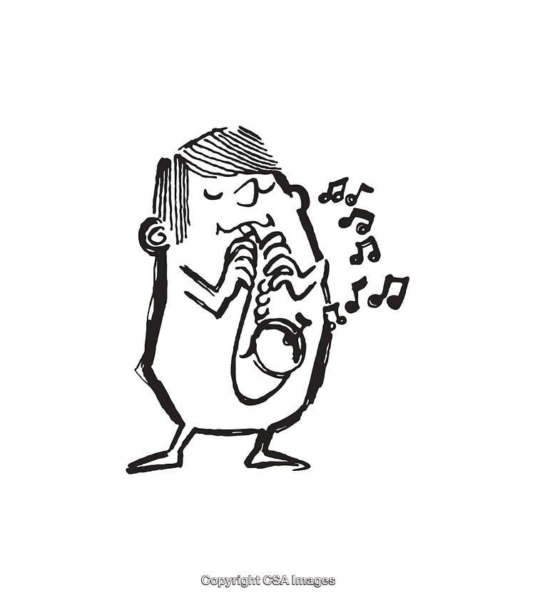 Cartoon Drawing of a Musician Playing a Saxophone with Joyful Notes