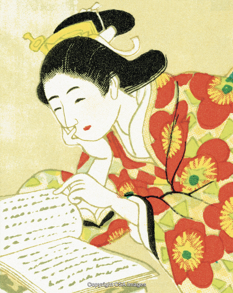 Traditional Japanese Woman Reading a Book Decoratively Dressed in Vibrant Kimono
