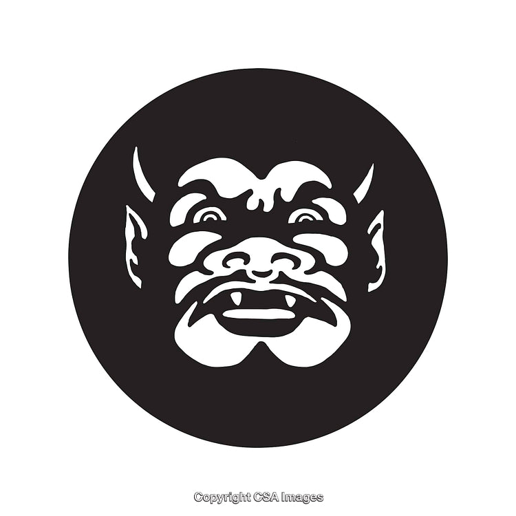 Bold Black and White Illustration of Monster Face with Fangs and Pointy Ears