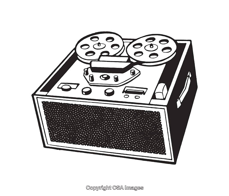 Vintage Reel-To-Reel Tape Recorder Line Art Illustration in Black and White