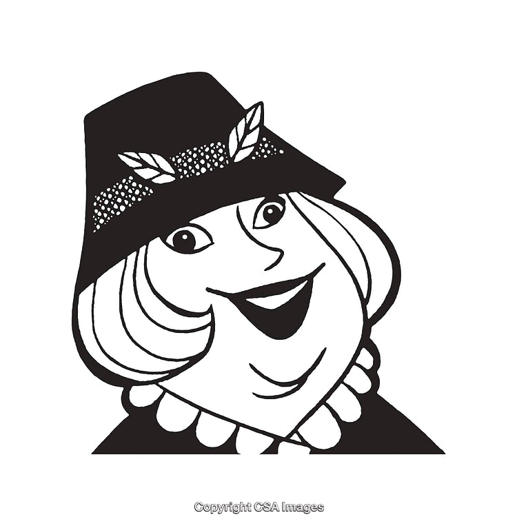 Black and White Line Art Illustration of a Smiling Woman in a Hat
