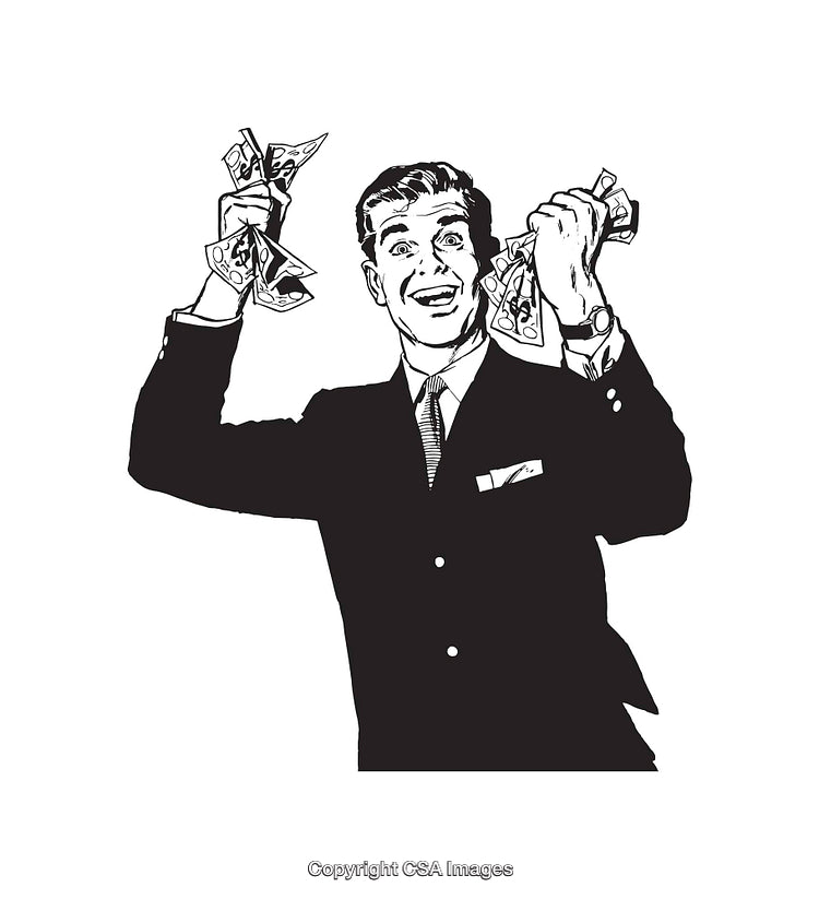Retro Style Illustration of a Businessman Holding Money in a Celebratory Pose