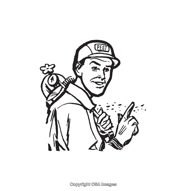 Vintage Black and White Pest Control Worker Illustration