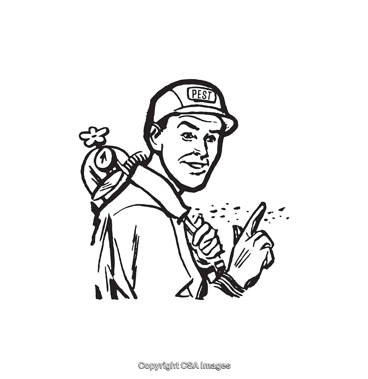 Vintage Black and White Pest Control Worker Illustration