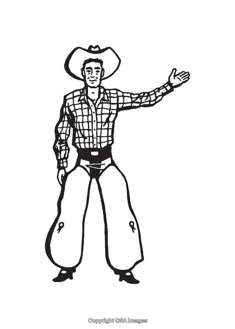 Black And White Line Art Illustration of a Cowboy Waving