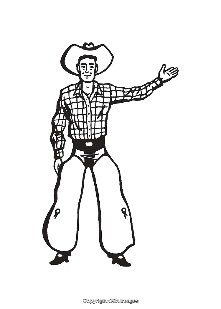 Black And White Line Art Illustration of a Cowboy Waving