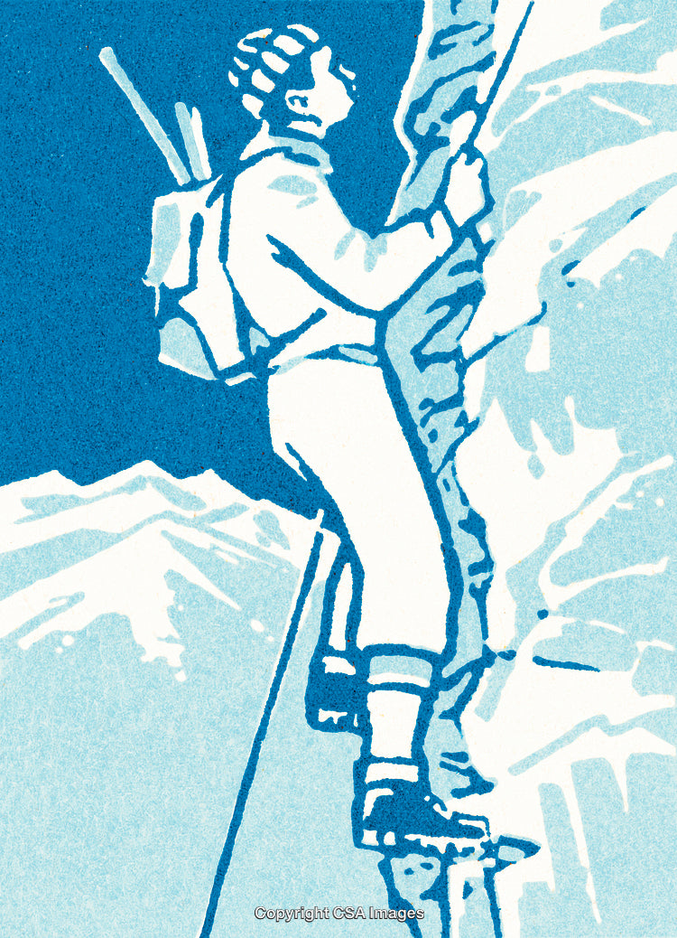 Illustration of a Mountaineer Climbing a Rocky Surface Against a Mountainous Backdrop