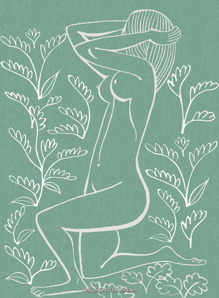 Elegant Abstract Depiction of a Woman Amid Botanical Elements on Green Background
