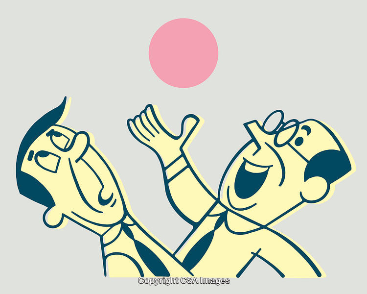 Retro Illustration of Two Men Joyfully Interacting with a Pink Circle