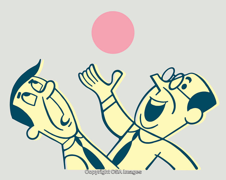 Retro Illustration of Two Men Joyfully Interacting with a Pink Circle