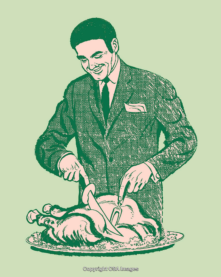 Elegant Retro Illustration of a Man Carving a Turkey at Dinner