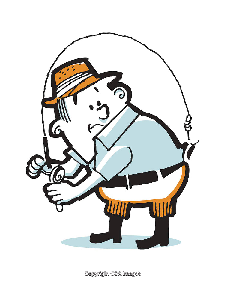 Cartoon of a Man Fishing With an Unsteady Expression and Hat