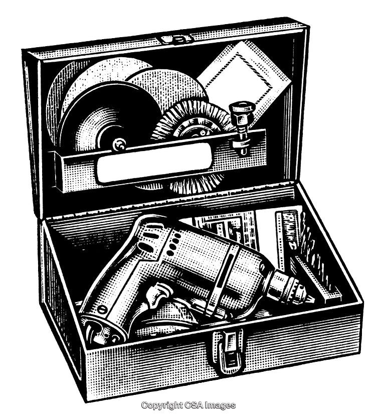 Detailed Black and White Engraving of a Tool Set in a Case