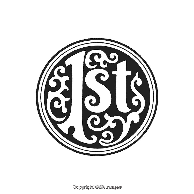 Ornate Black and White Circular Design Featuring The Word '1st'