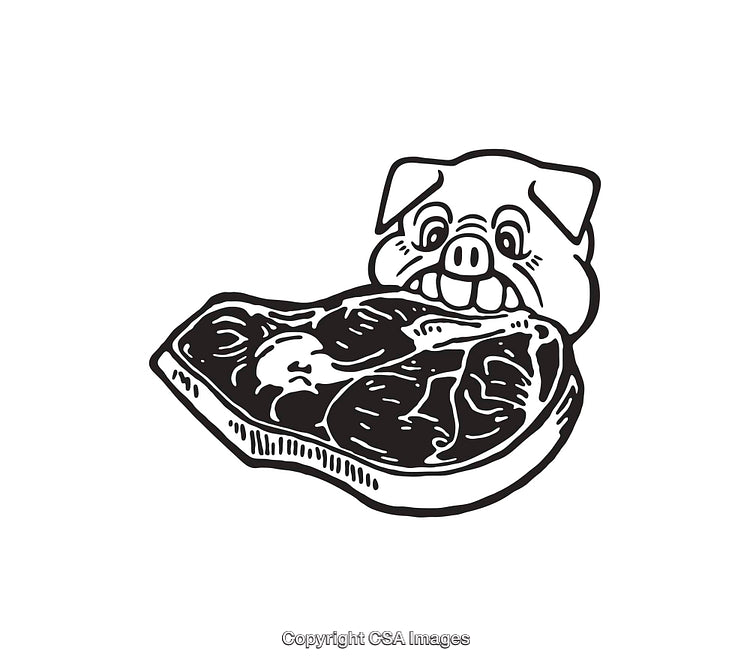 Illustration of a Happy Pig Holding a Large Meat Cut in its Mouth
