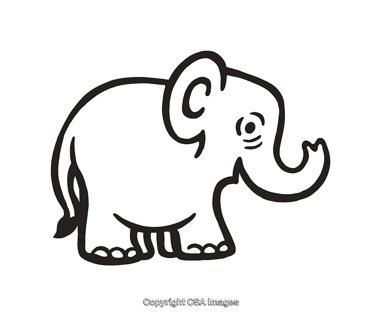 Simple Black and White Line Drawing of a Happy Elephant