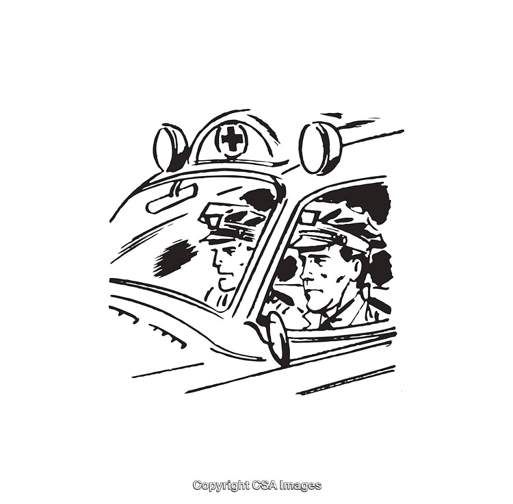 Black And White Illustration of An Ambulance With Two Drivers Inside
