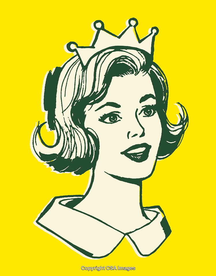 Retro Illustration of Woman with Crown in Vibrant Yellow Background