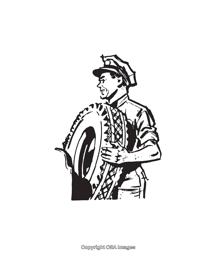 Black and White Illustration of a Worker Holding a Tire