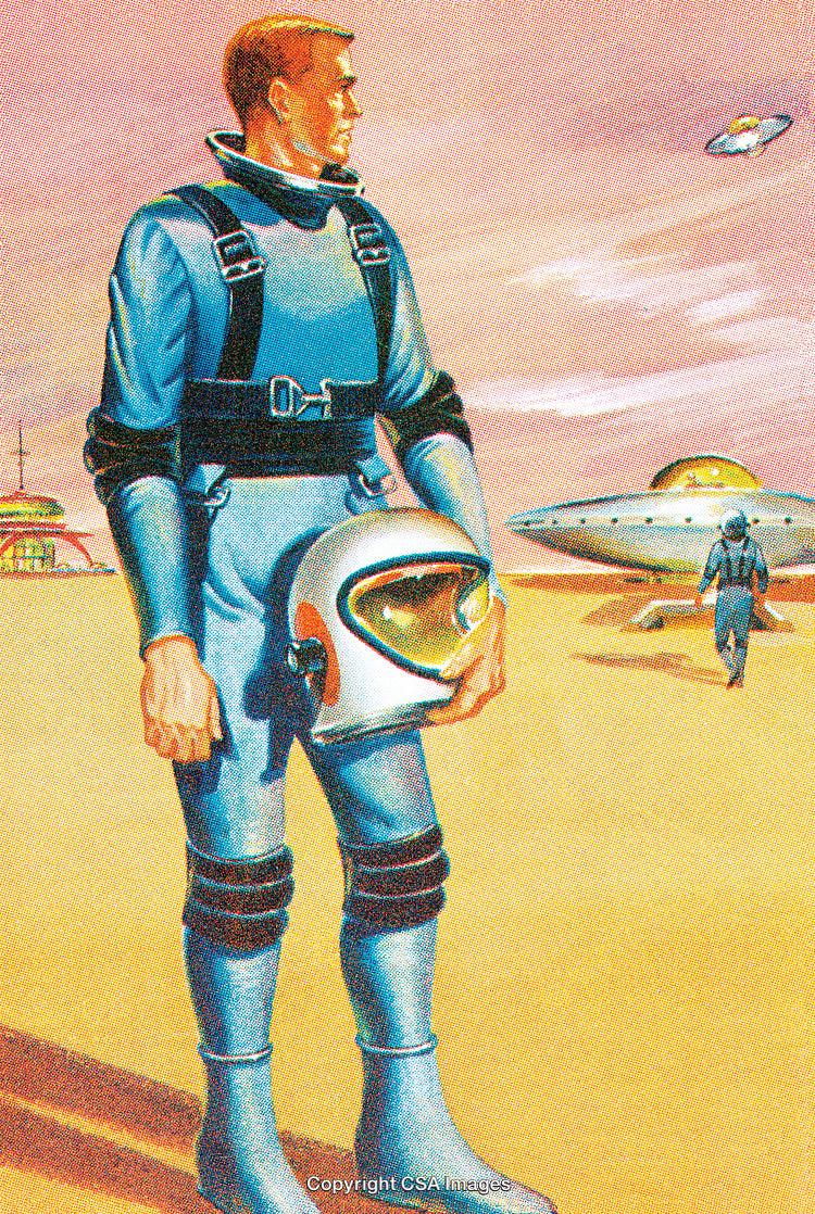 Futuristic Astronaut In Space suit Standing Next to Flying Saucers on an Alien Planet
