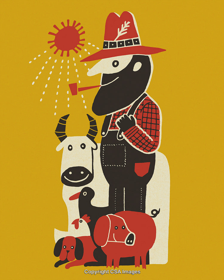 Whimsical Illustration of a Farmer With Farm Animals in the Sun
