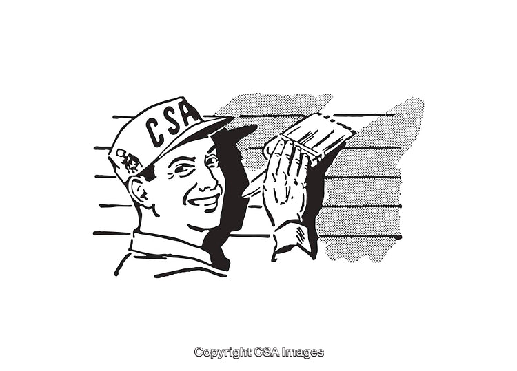 Retro Line Art Illustration of a Worker Painting Exterior Walls