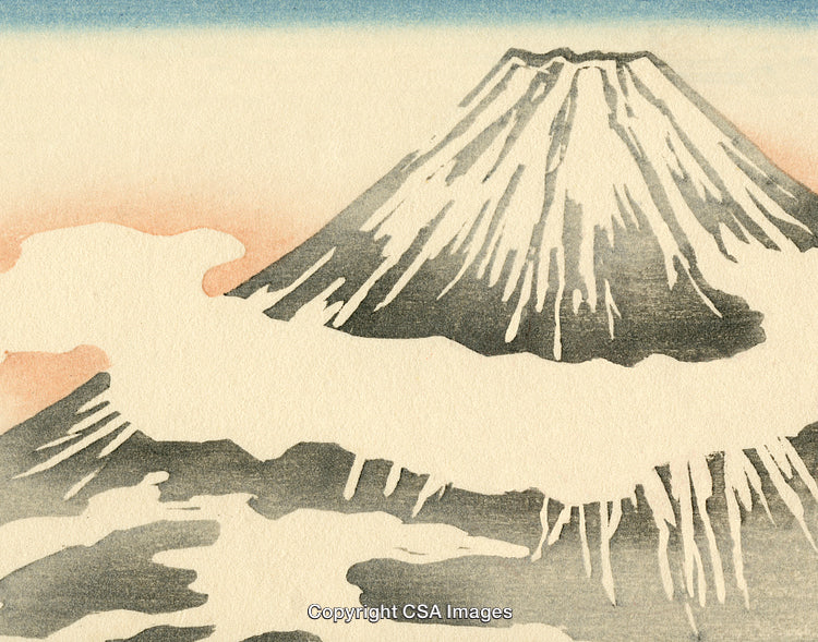 Traditional Japanese Artwork Featuring Mount Fuji and Serene Clouds