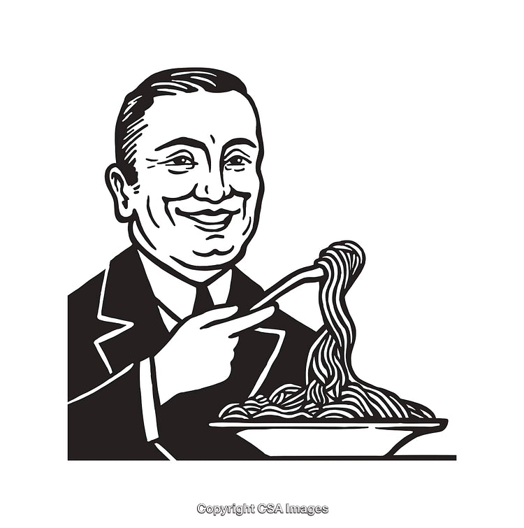Vintage Line Art Illustration of a Smiling Man Eating Pasta