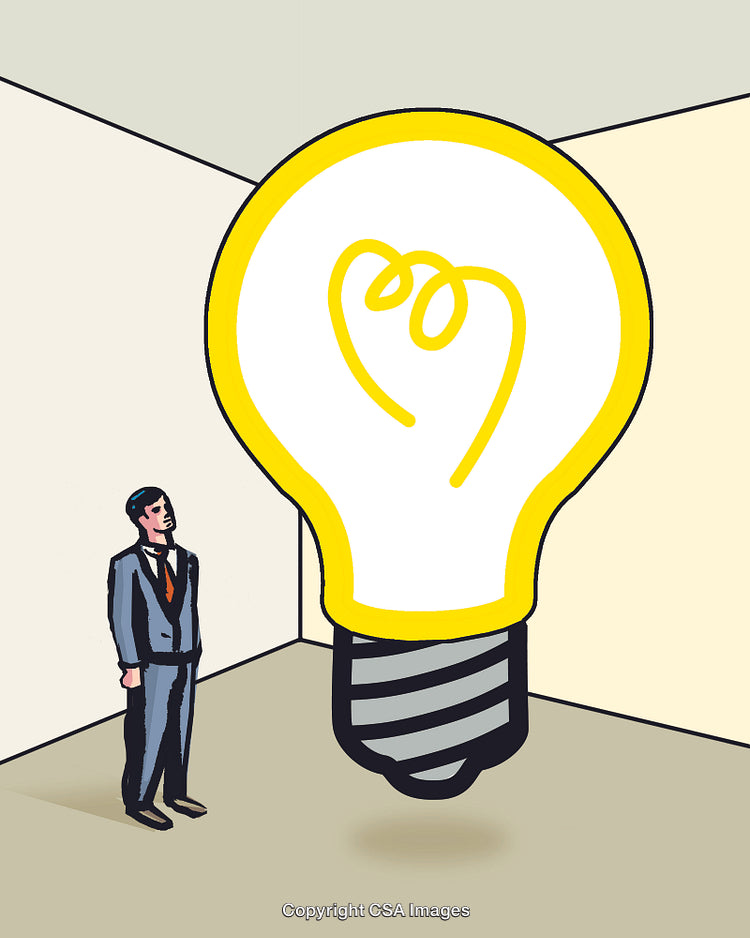 Illustration of Businessman Admiring a Giant Light Bulb in a Room