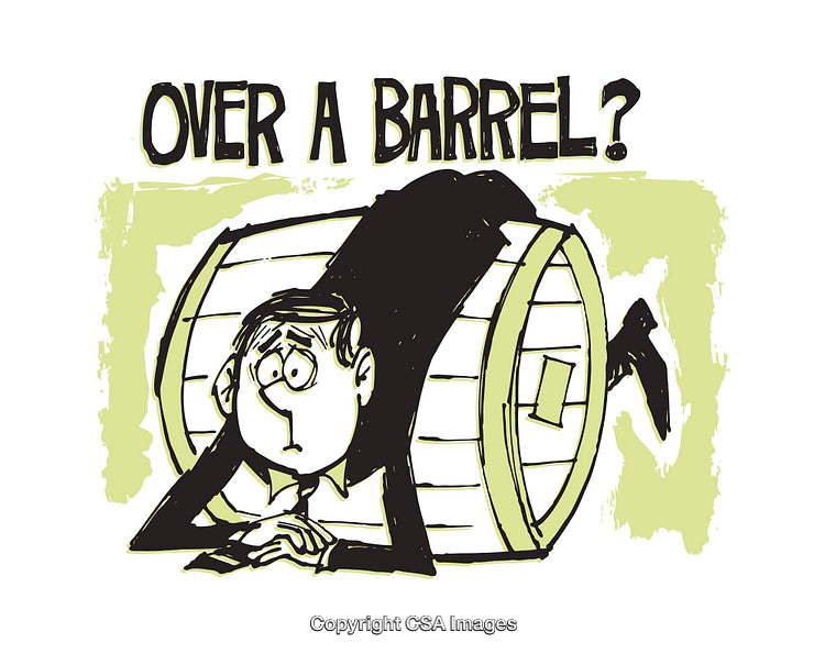 Cartoon Illustrating Being Over a Barrel in a Humorous Style