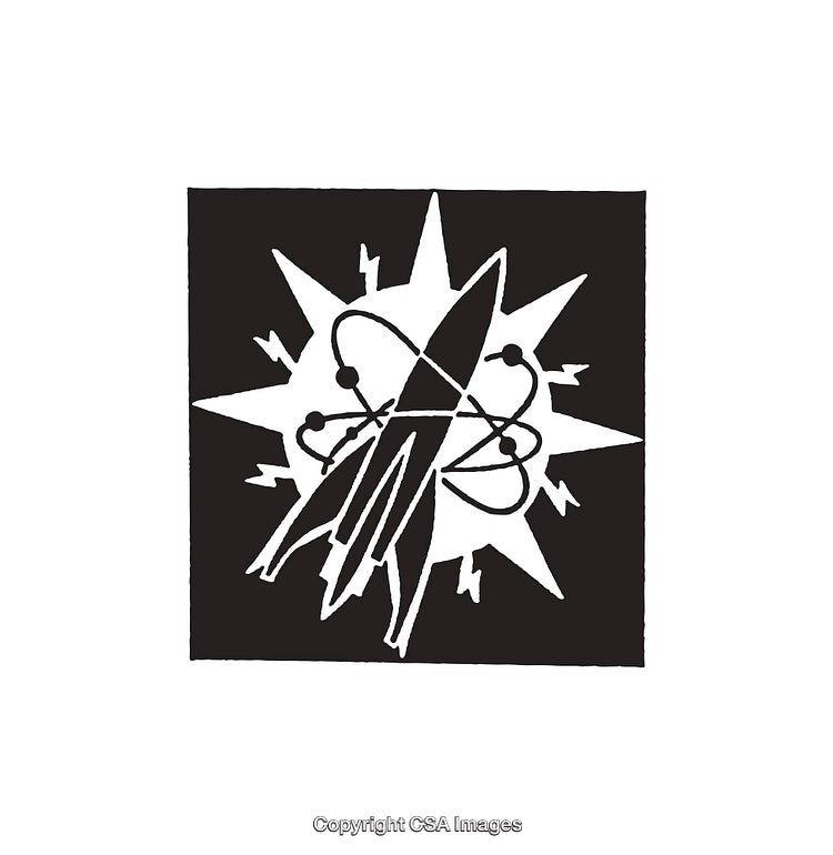Retro Rocket and Atomic Symbol in Bold Black and White Artwork