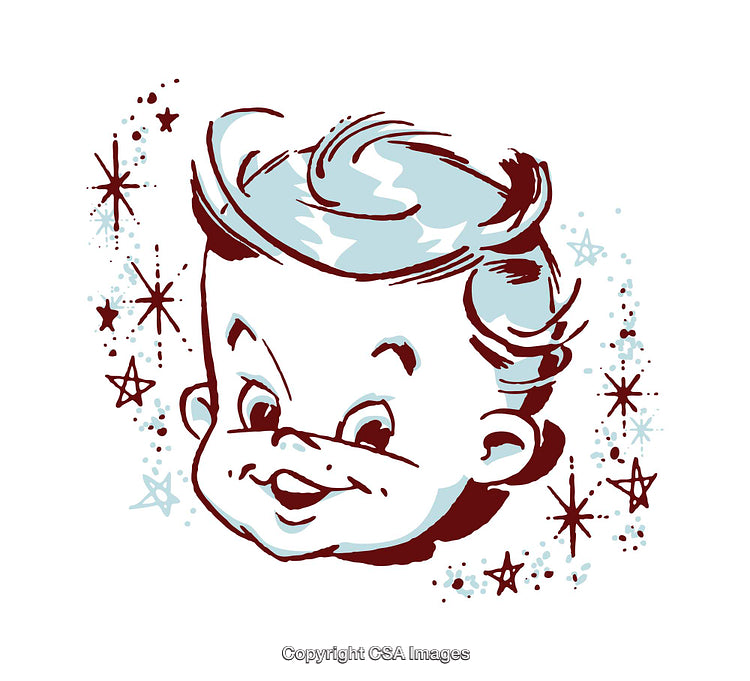 Vintage Illustration of a Cheerful Child Surrounded by Retro Star Designs
