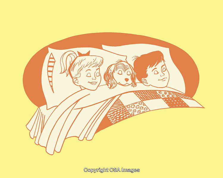 Charming Illustration of Kids and Dog Cozy in Bed