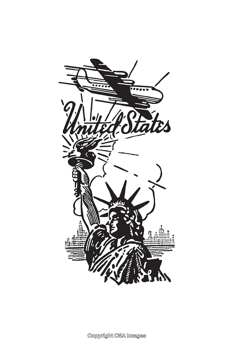 Black and White Line Illustration of Statue of Liberty and Airplane