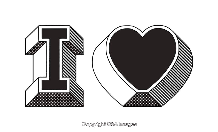 A Black and White Letter and Heart Line Art Illustration Drawing