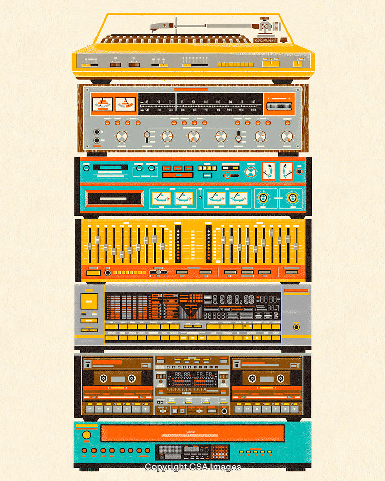 Stacked Vintage Audio Equipment with Colorful Panels and Retro Design