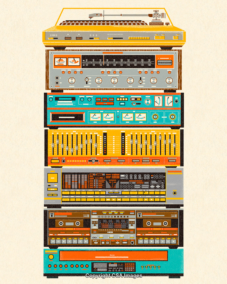Stacked Vintage Audio Equipment with Colorful Panels and Retro Design