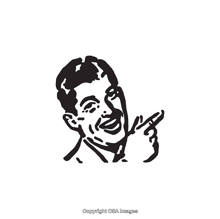 Retro-Style Black and White Line Art of Smiling Man Pointing
