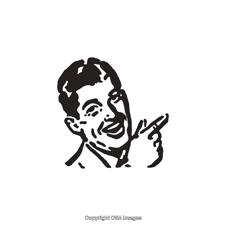 Retro-Style Black and White Line Art of Smiling Man Pointing