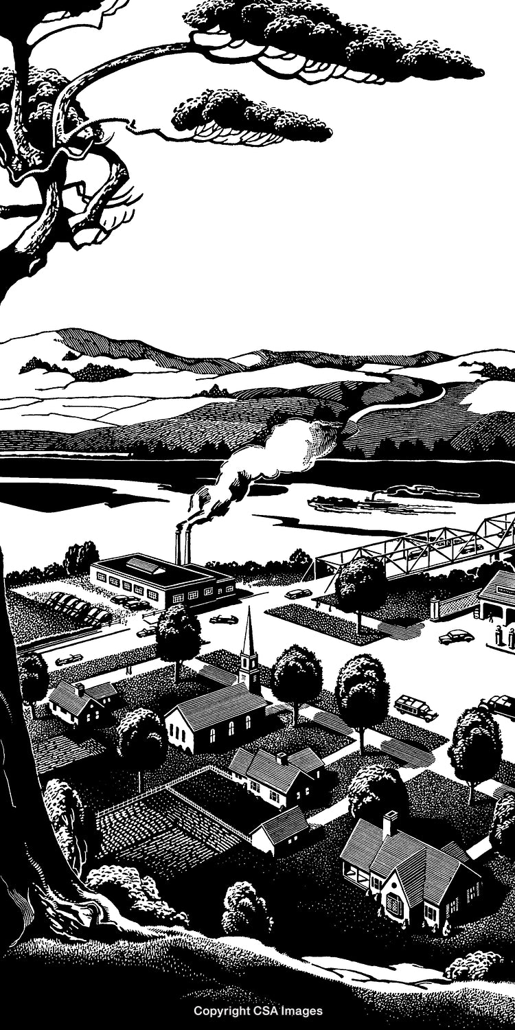 Detailed View of a Picturesque Town and Rolling Countryside in Black and White