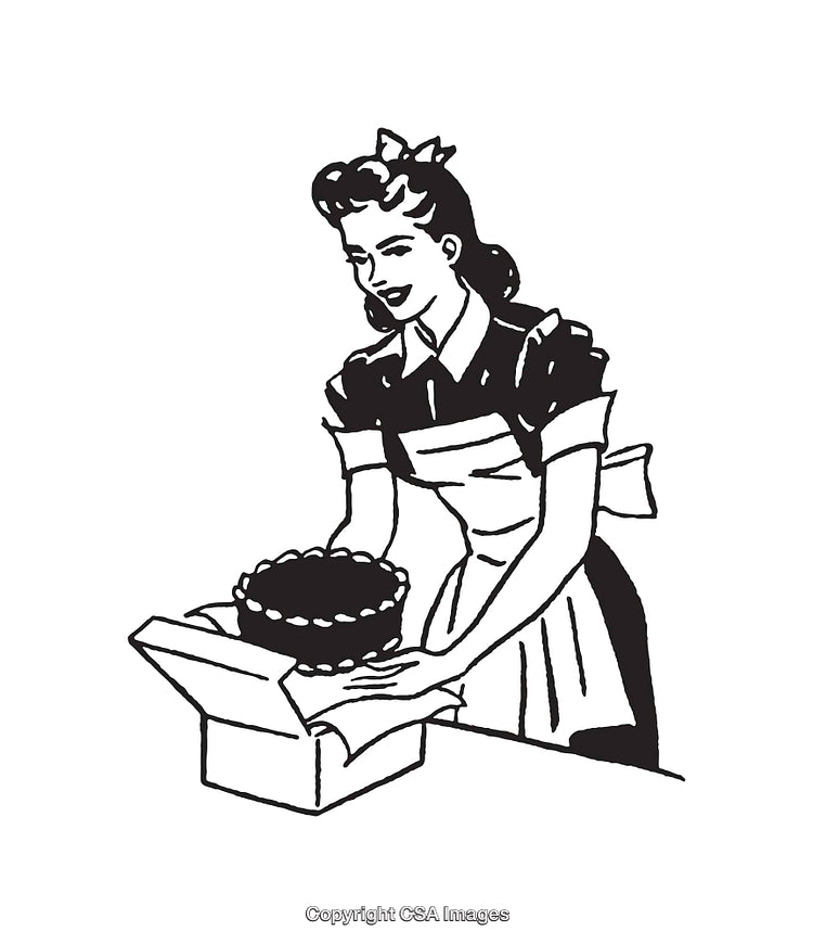 Vintage Line Art of a Woman Packing a Cake in a Box